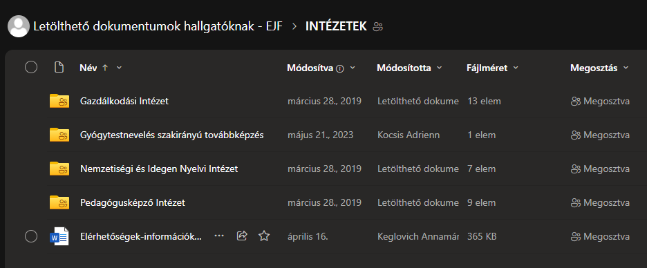 Letölthető dokuemntumok hallgatóknak
