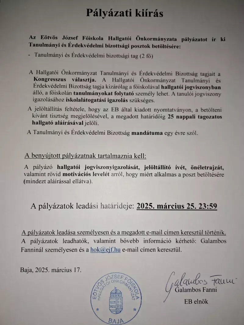 HÖK pályázati kiírás